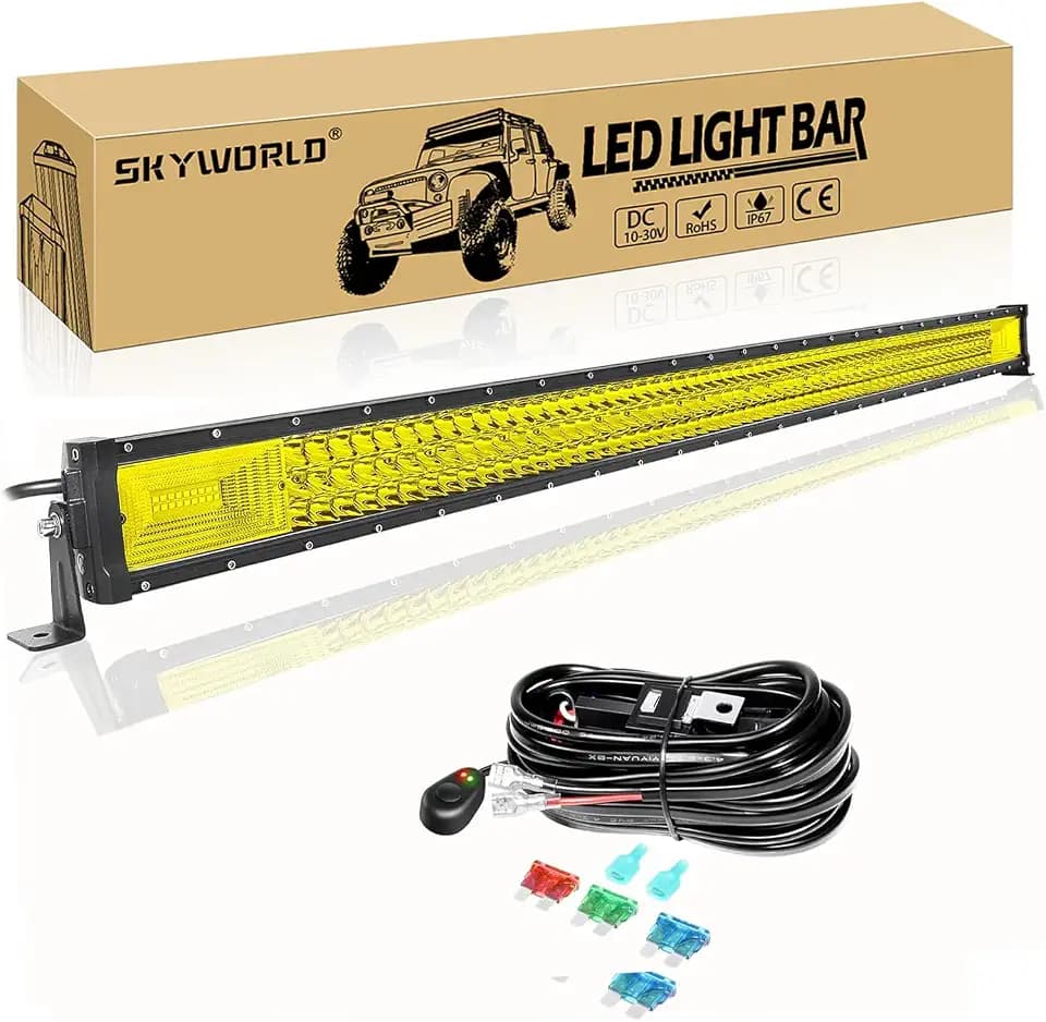 SKYWORLD Yellow 50 inch Straight Led Light Bar 648W Spot Flood Combo Off-Road Lights Bars Fog Lamp IP67 Waterproof Work Lights Bar for Trucks UTV ATV Boat Trailer Driving Lamp 4000K