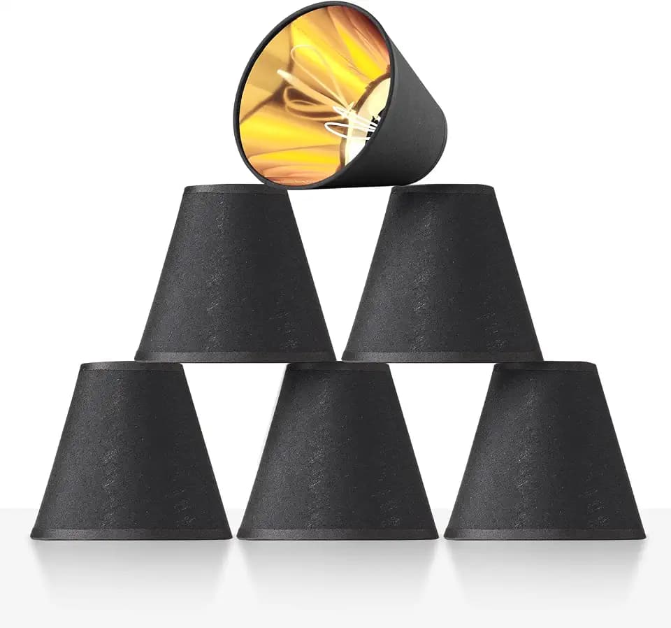 6 Pack Black Chandelier Shade with Gold Lining Hardback, 3" Top x 6" Bottom x 5" High, 3x6x5 Inches Lampshade, Perfect Cover for 6-Light Pendant Light Wall Sconce, Clip On Bulb E12 Socket(Small Size)