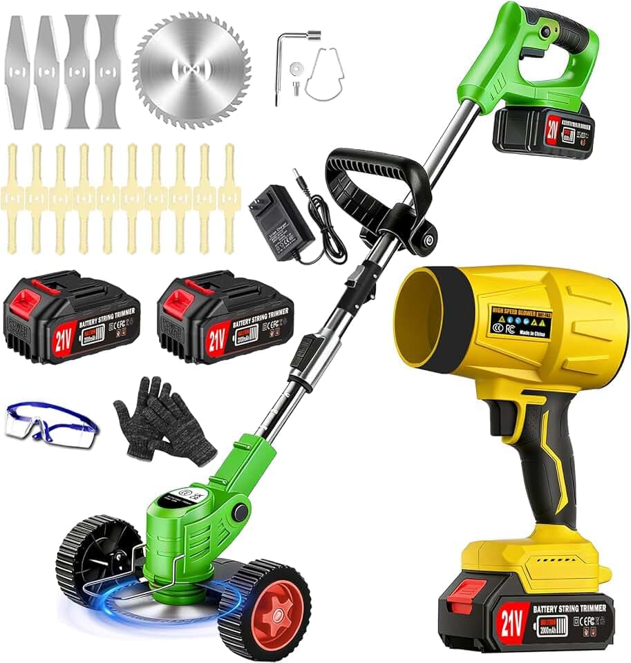 Elektrische Motorsense, kabellos, 21 V, 2,0 Ah, Rasentrimmer, kabellos, mit 2 Akkus und Schnellladegerät, Kantengröße mit drei Klingentypen, leicht und geräuscharm, für Garten