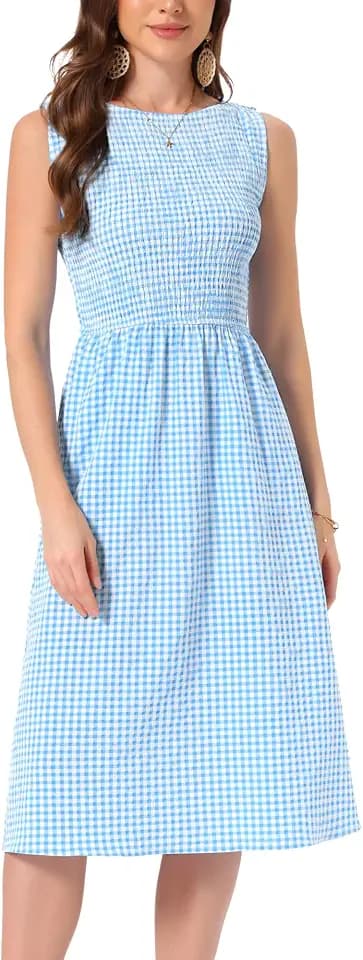 Allegra K Gingham Dress for Women Smocked Sleeveless Midi Dresses