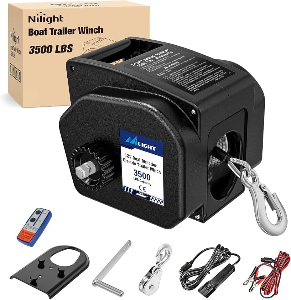 Nilight Boat Trailer Winch 3500 lbs Portable Electric Boat Winches 12 V DC Marine Winch with Remote Control and Hand Crank Power-in Freewheel Operation Waterproof Reversible Winch for Boat Trailer