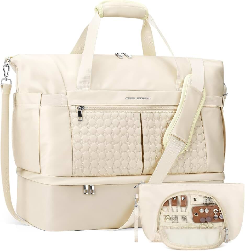 Maelstrom Gym Bag for Women,40L Travel Duffel Bag with Shoes Compartment and Wet Pocket,Waterproof Carry On Weekender Bag,Sport Gym Tote Bags Swimming Yoga, Hospital Holdalls（Beige)