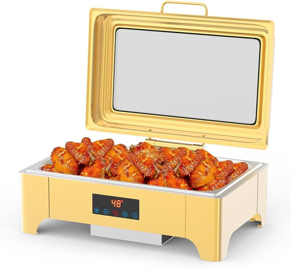Electric Roll Top Chafing Dish Buffet Set with Touch Screen, Catering Food Warmer with 1 Full Size Chafing Server Dish and Glass Window for Parties, Birthday, Wedding, Christmas, Gold