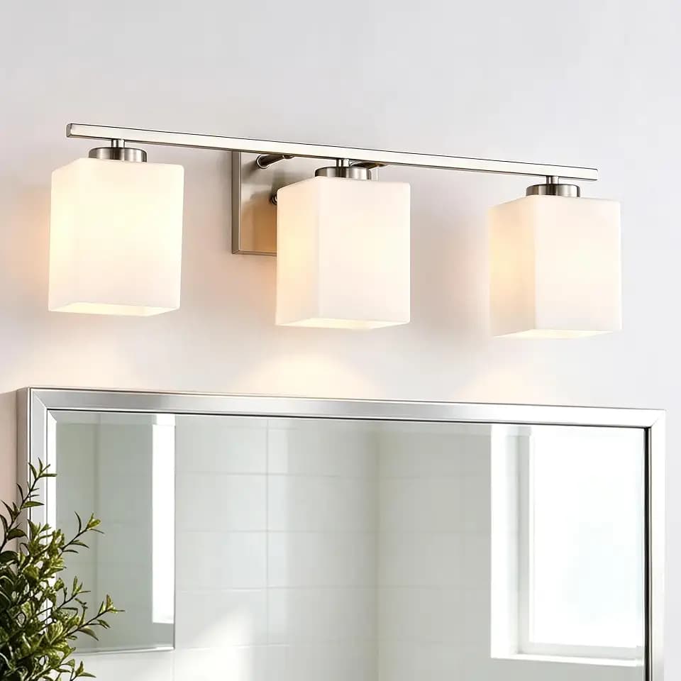 Edvivi Bathroom Light Fixtures, 3-Light Modern Brushed Nickel Vanity Light Over Mirror, Wall Sconces with Square White Glass Shades for Living Room, Bedroom, Hallway, E26 Base