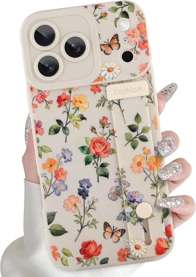 ZIYE for iPhone 17 Pro Max Case with Hand Strap & Kickstand, White Flowers