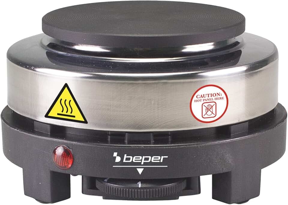 BEPER P101PIA003 - Kochplatte Elektrisch aus Gusseisen/Edelstahl, 5 Brennstufen, 10 cm Platte, 500W, Schwarz/Silber