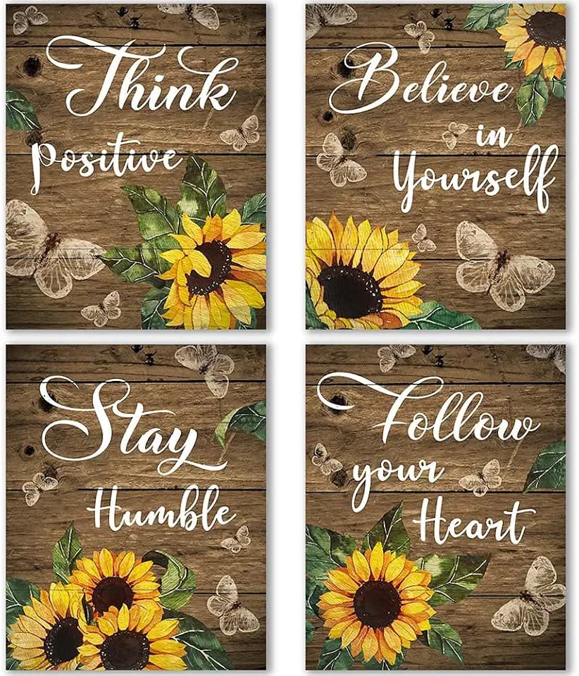 Quote Wall Art Print for Farmhouse, 4Pack Sunflower Butterflies Inspirational Poster 8"X10" Living Room Country Style Wall Decor New Beginning Poster Home Office Decor, Unframe