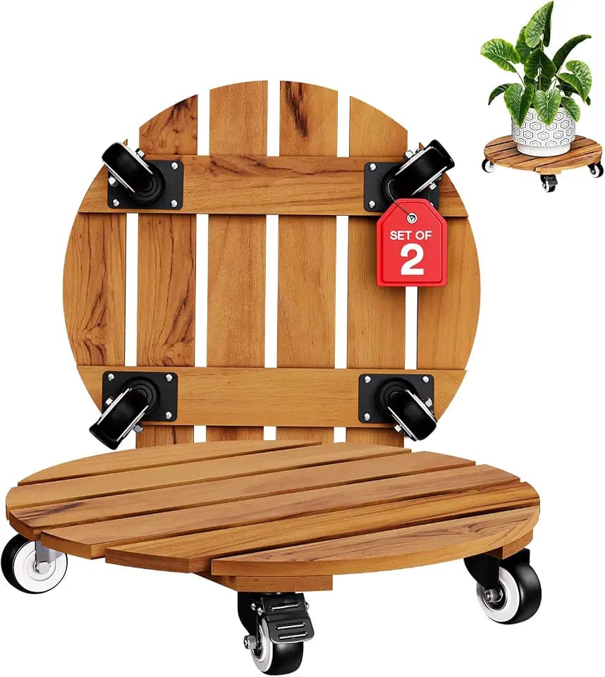 IDZO 2PCS Acacia Round Plant Caddy, 360° Lockable Wheels, Natural, 14-Inch