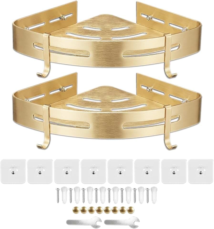 SPARES2GO Luxus-Eckregal für Dusche, Bad, Küche, Schlafzimmer (Gebürstetes Gold, 2er-Pack)