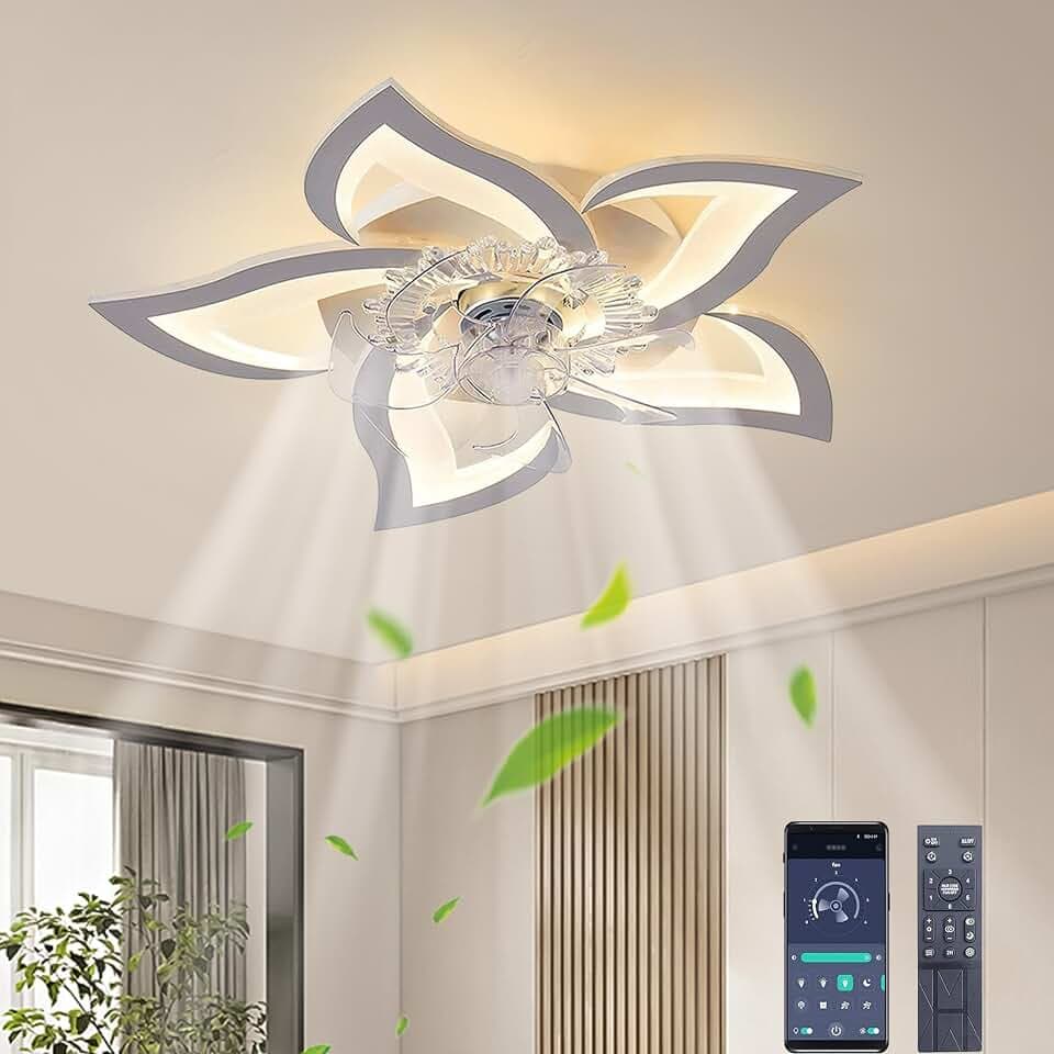 Leise Deckenventilator mit Beleuchtung, Modern LED Dimmbar Deckenbeleuchtung mit Ventilator, Kreativer 5 Lichter Design Deckenventilator für Schlafzimmer Küche Esszimmer Lampen (Weiß, 69CM)