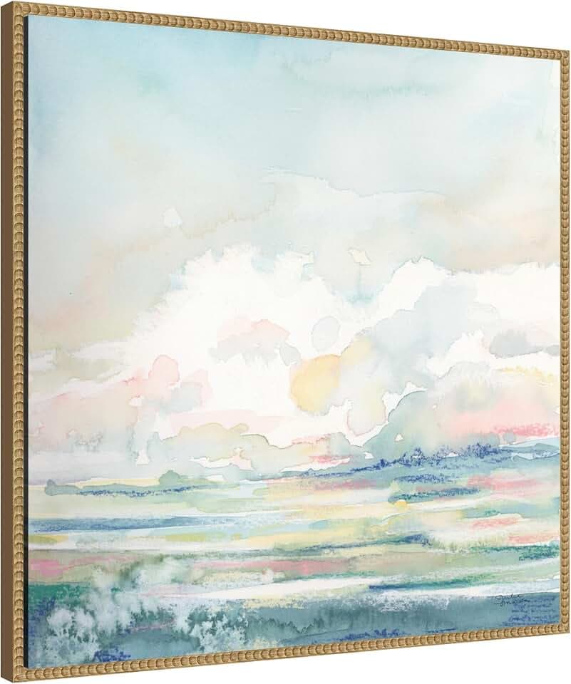 Kate and Laurel Sylvie Stillness Framed Canvas Wall Art by Julie Maida 30 x 30 Beaded Natural, Modern Contemporary, Coastal Neutral Landscape, Nature Art for Wall Decor, Living Room, Bedroom