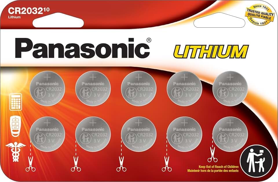 Panasonic CR2032 Lithium-Knopfzellenbatterien, 3,0 V, langlebig, in kindersicherer, standardbasierter Verpackung, 10 Stück