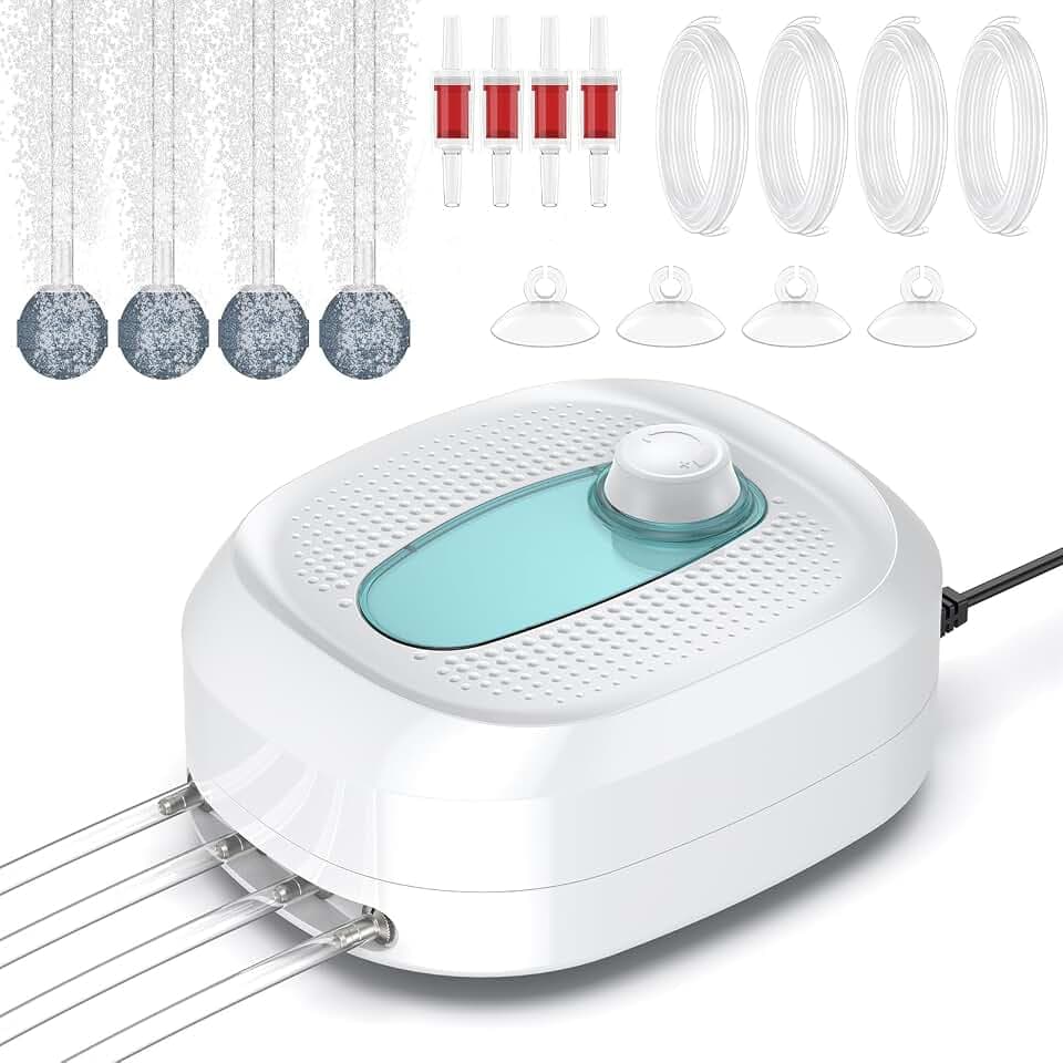 Pawfly 760 L/H 8 W Aquarium Luftpumpe mit 4 Ausgängen Verstellbarer Aquarienbelüfter für 38-1136 L Aquarien Eimer & Teiche Leise Sauerstoffpumpe mit Luftschlauch Luftsteine Rückschlagventile Saugnäpfe