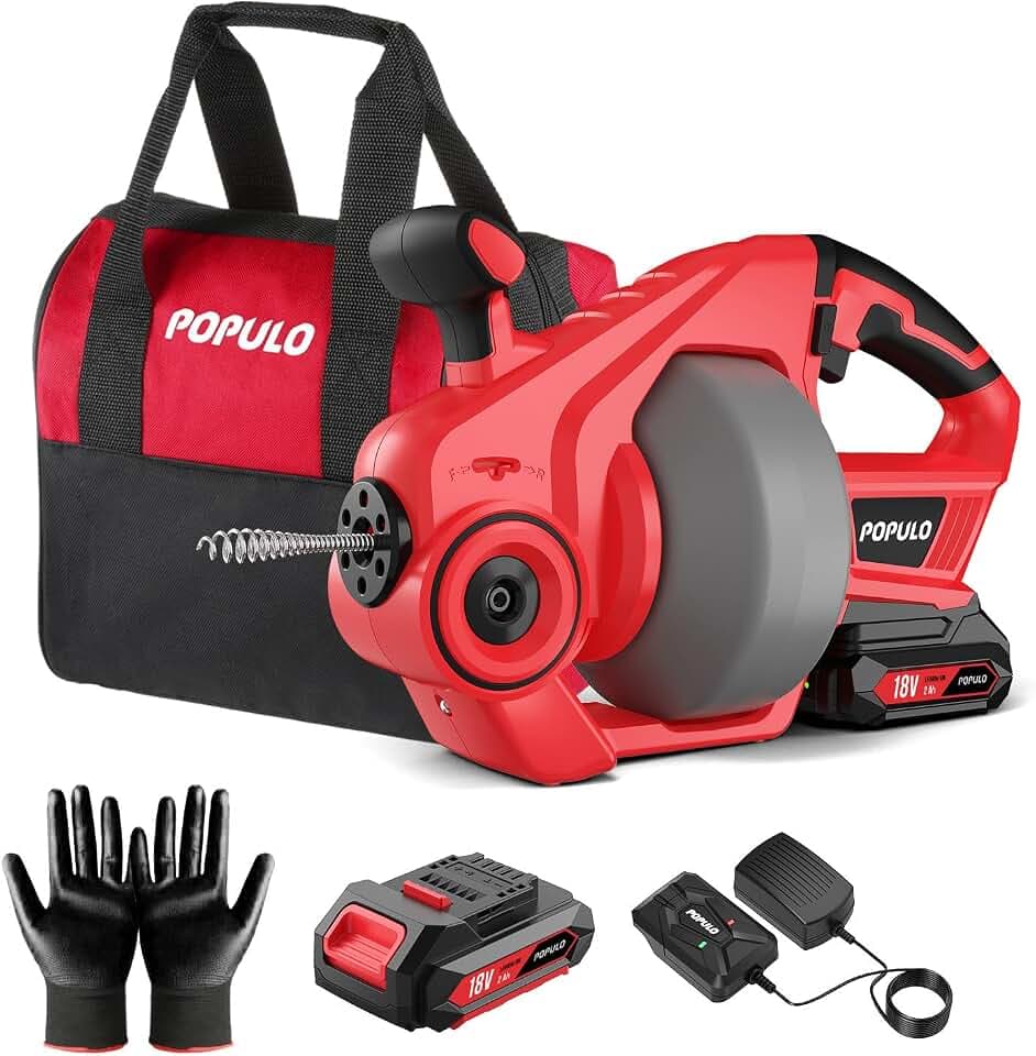 POPULO Rohrreinigungsspirale Akku-Rohrreiniger, 7,6m 18V Elektrischer Abflussreiniger für 18-65mm Rohrverstopfungen Verwendet, Geeignet für WC, Kanalisation, Badewanne, Küchenspüle und Waschbecken
