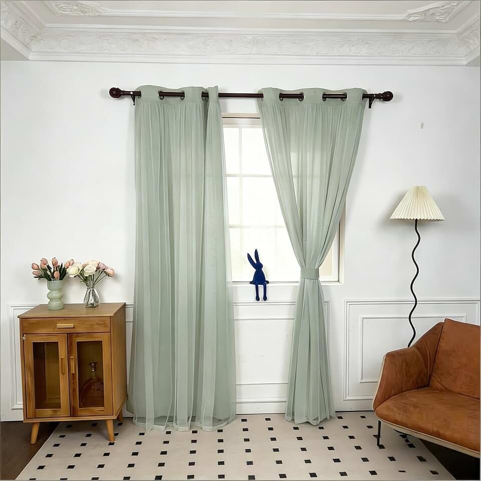 INLINAS Blackout Curtains with Sheer Overlay, Mint, 37x84 Inches