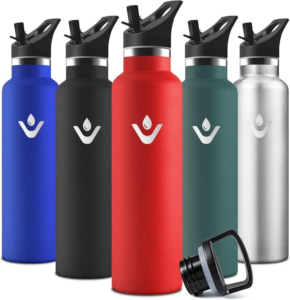 Motswedi Trinkflasche, 1000 ml BPA-Frei, Trinkflasche Edelstahl, Mit Strohhalm und 2 Deckeln, Flasche, 18/8 Edelstahl, Wasserflasche, Doppellagige Isolierung, Isolierflasche für Yoga, Sports - Rot