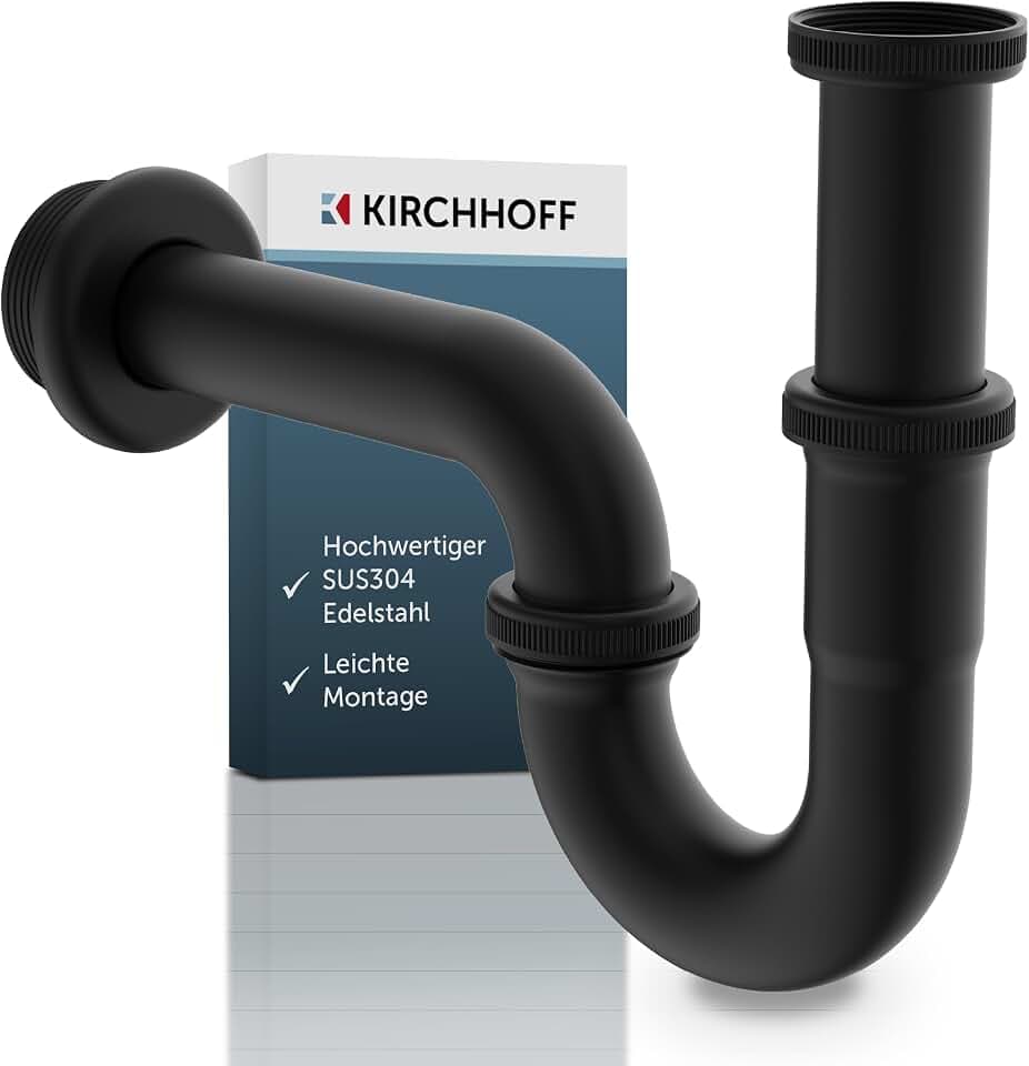 KIRCHHOFF Siphon schwarz Waschbecken, Siphon aus hochwertigem Edelstahl schwarz SUS 304, Ablaufgarnitur Waschbecken schwarz, Syphon Waschbecken schwarz, Siphon mit Gummirosette und Montageanleitung