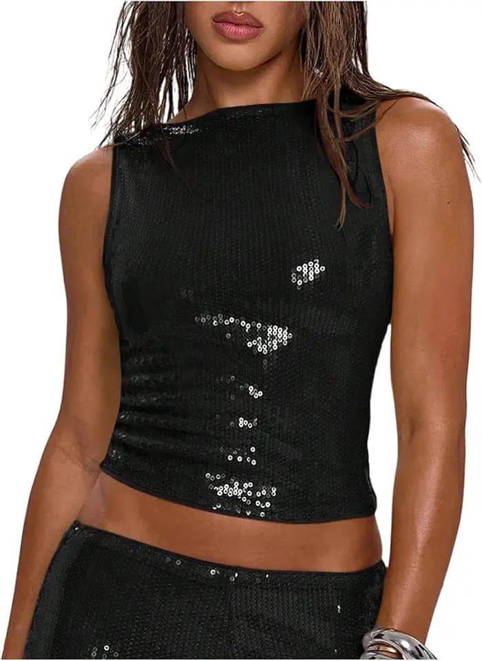 MakeMeChic Women's Sparkly Sequin Tank Tops Going Out Rave Tops