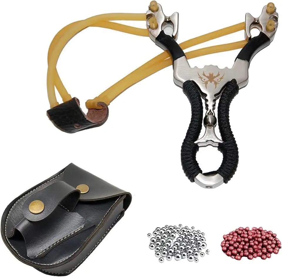 Steinschleuder Profi für Jagd, Slingshot Schleuder Set mit 2 Gummiband, Sportschleuder, Outdoor Jagdschleuder mit Anblick, Katapult Schleuder mit 400 Tonkugeln Und 200 Stahlkugeln