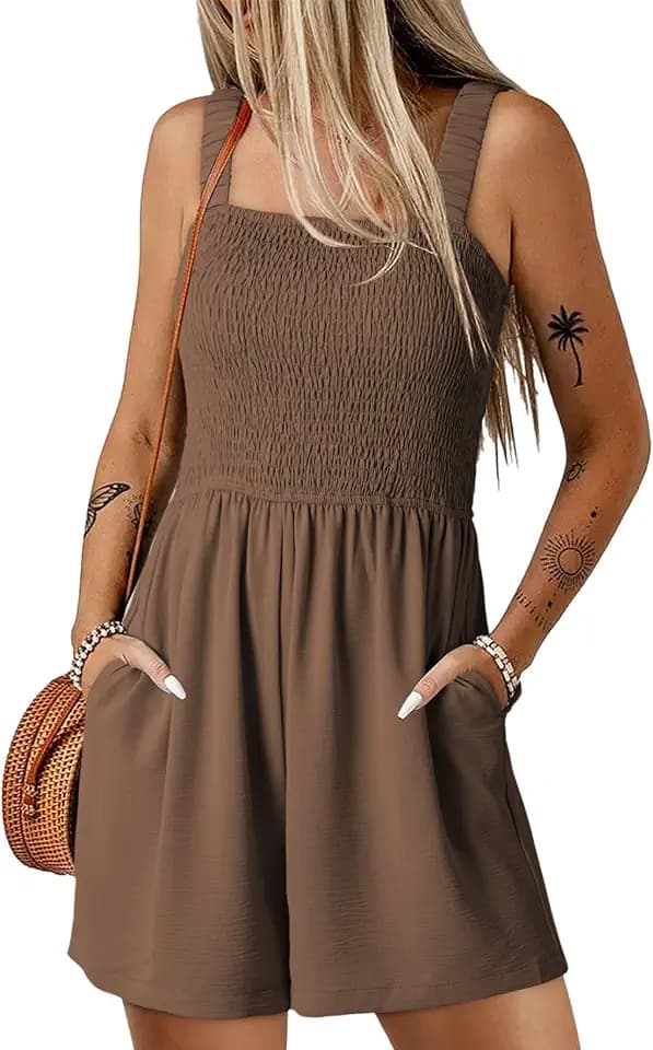 Dokotoo Women's Summer Smocked Rompers Square Neck Loose Shorts Jumpsuits