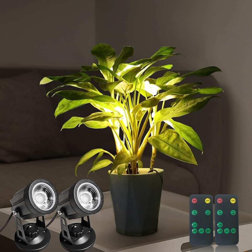 2 Pack LED Spot Lights Indoor Dimmable Accent Lighting Uplights with Remote 7.5 ft Cord Adjustable Warm White Aluminum Finish Up Light for Plants Art Decor (Including Base and Stake)
