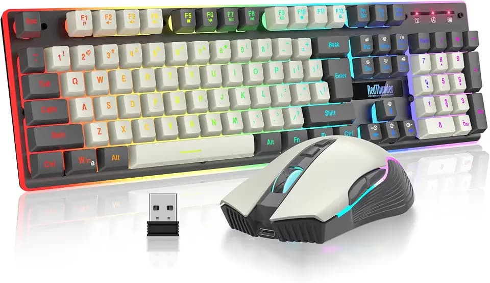 RedThunder K10 Pro Wireless Gaming Keyboard and Mouse Combo, RGB Backlit Rechargeable 3800mAh Battery, Mechanical Feel Anti-ghosting Keyboard + 7D 3200DPI Mice for PC Gamer(White Gray)