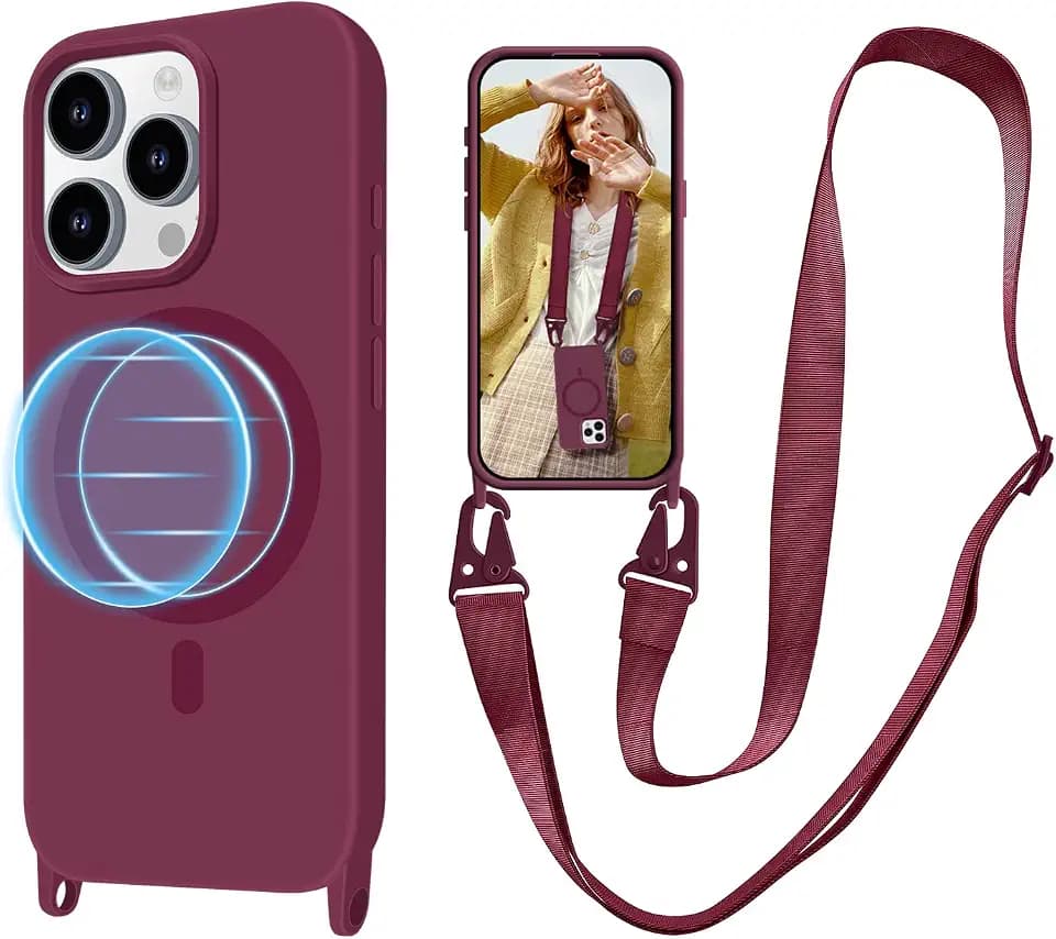 for iPhone 15 Pro Case with Lanyard [Compatible with MagSafe], Crossbody Phone Case with Neck Strap Adjustable, Magnetic Phone Cover for iPhone 15 Pro 6.1'' Wine Red