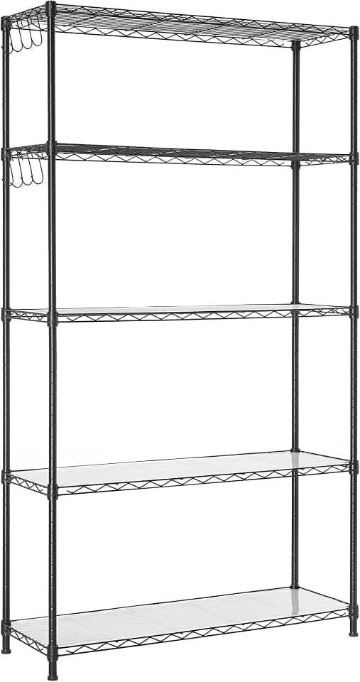 SONGMICS 5-Tier Storage Shelves, Adjustable Wire Shelving Unit, 8 Hooks