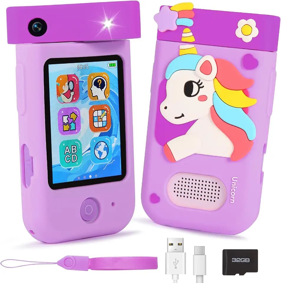 Kinderkamera, ZUEOKAI Kinder Handy Smartphone Spielzeug ab 3-8 Jahre, Kinder Kamera mit 180°Drehobjektiv &32GB Karte, Weihnachts- und Geburtstags Geschenke für Mädchen und Jungen 3 4 5 6 7 8 Jahre