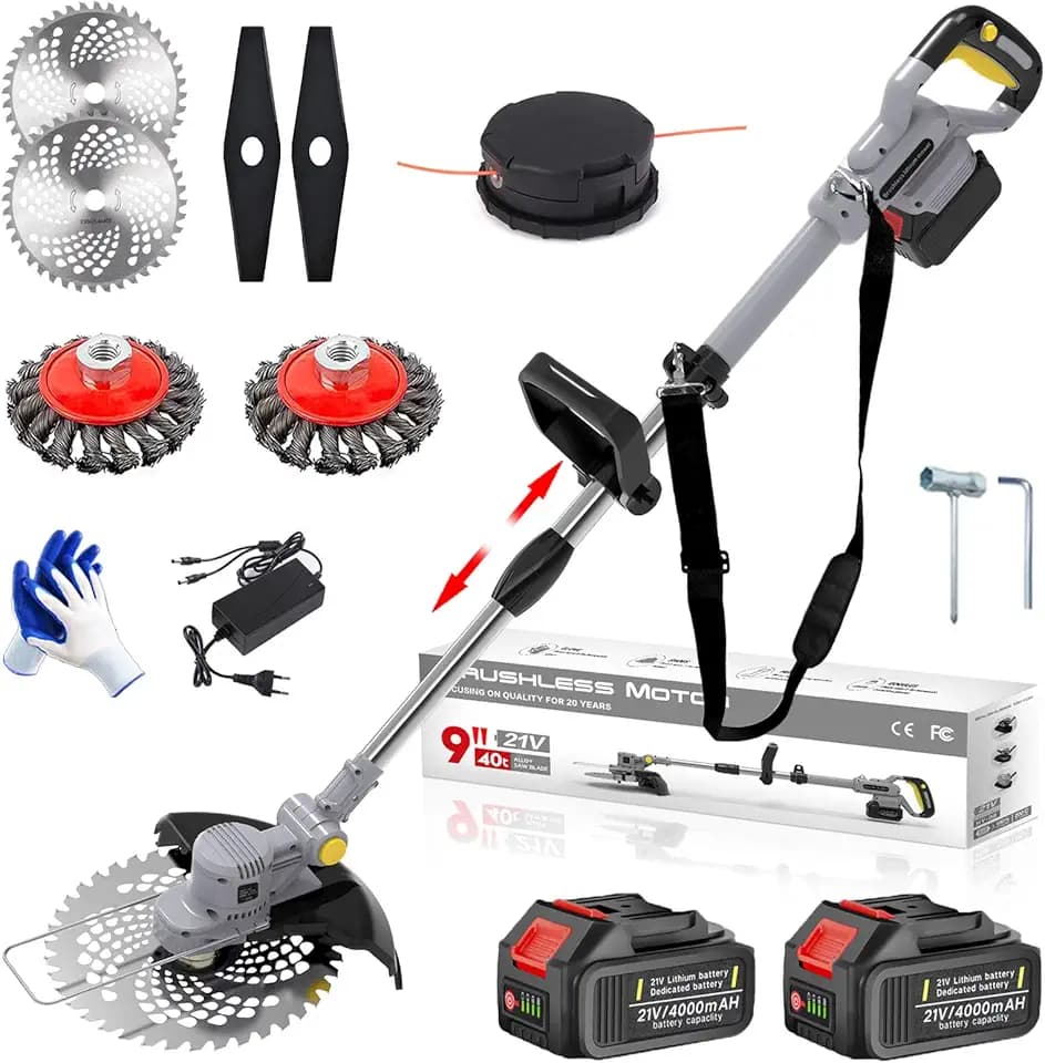 4 In 1 Rasentrimmer mit Akku, 21V Akku Rasentrimmer mit Unkrautbürste, 5 Klingentypen und 2 x 4.0Ah Akku, Akku Freischneider mit Tap&Go M10 x 1,25, für Garden Trimmen (Grey)