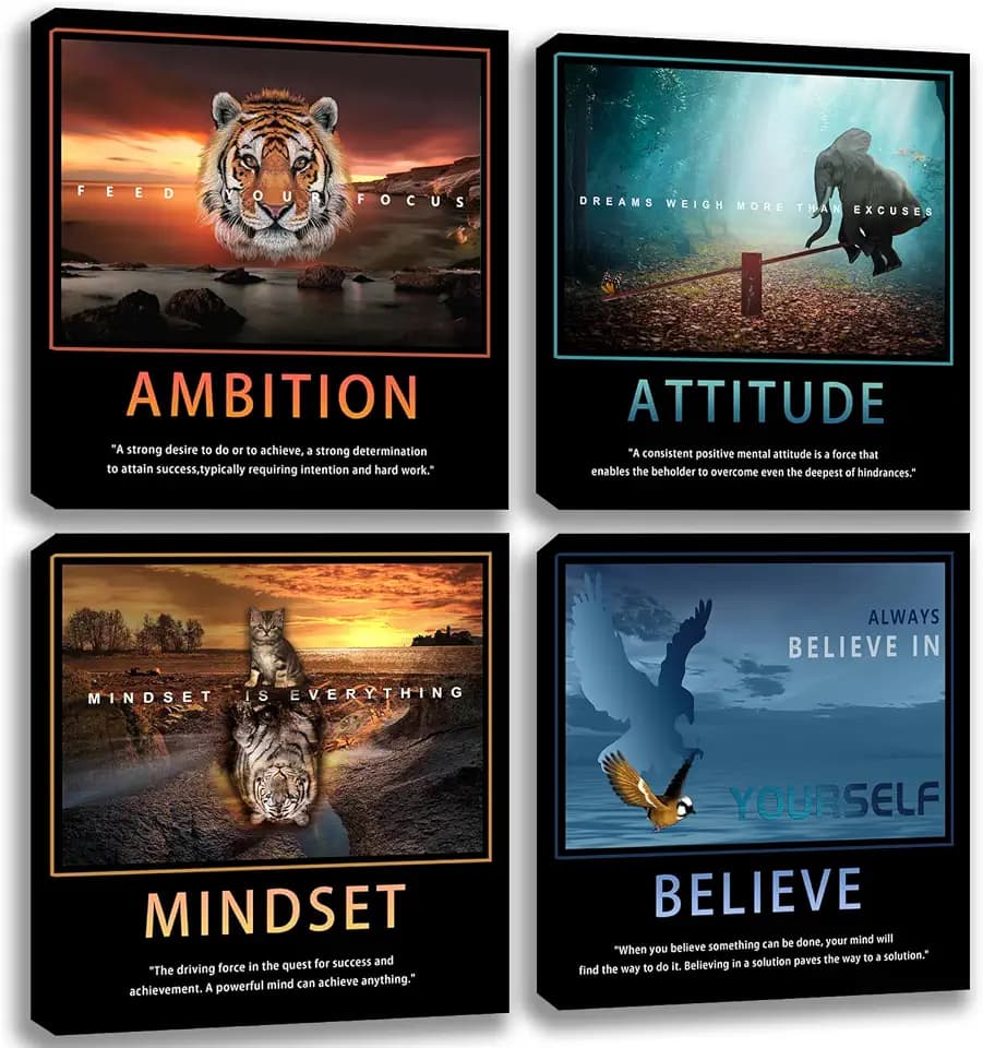 Motivational Posters Wall Art Inspirational Canvas Prints Inspiring Quotes Animals Painting Picture Office Motivational Wall Decor Framed 4 Pieces Living Room Bedroom Workplace Decoration 20"x20"x4
