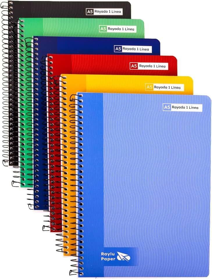 RAYLU PAPER - Packung mit 6 Notizbüchern mit Spiralbindung, 80 Blatt, 70 g, bunte Notizbücher für Schule, Büro, Notizen und Studium (Querformat, A5)