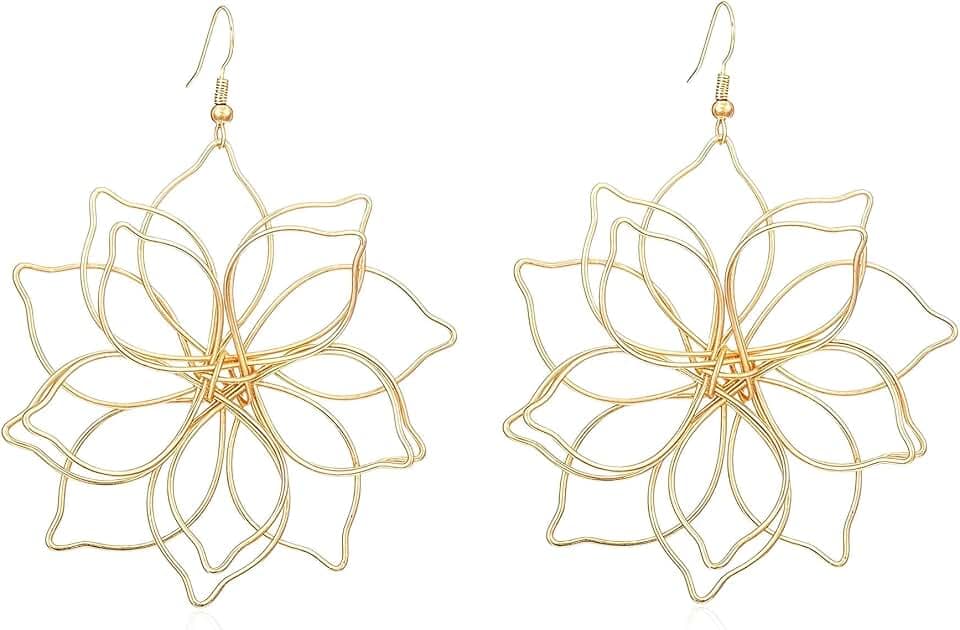 Exaggerate Big Flower Statement Earrings for Women Metal Hollow Wire Lotus Floral Dangle Earrings Summer Jewelry