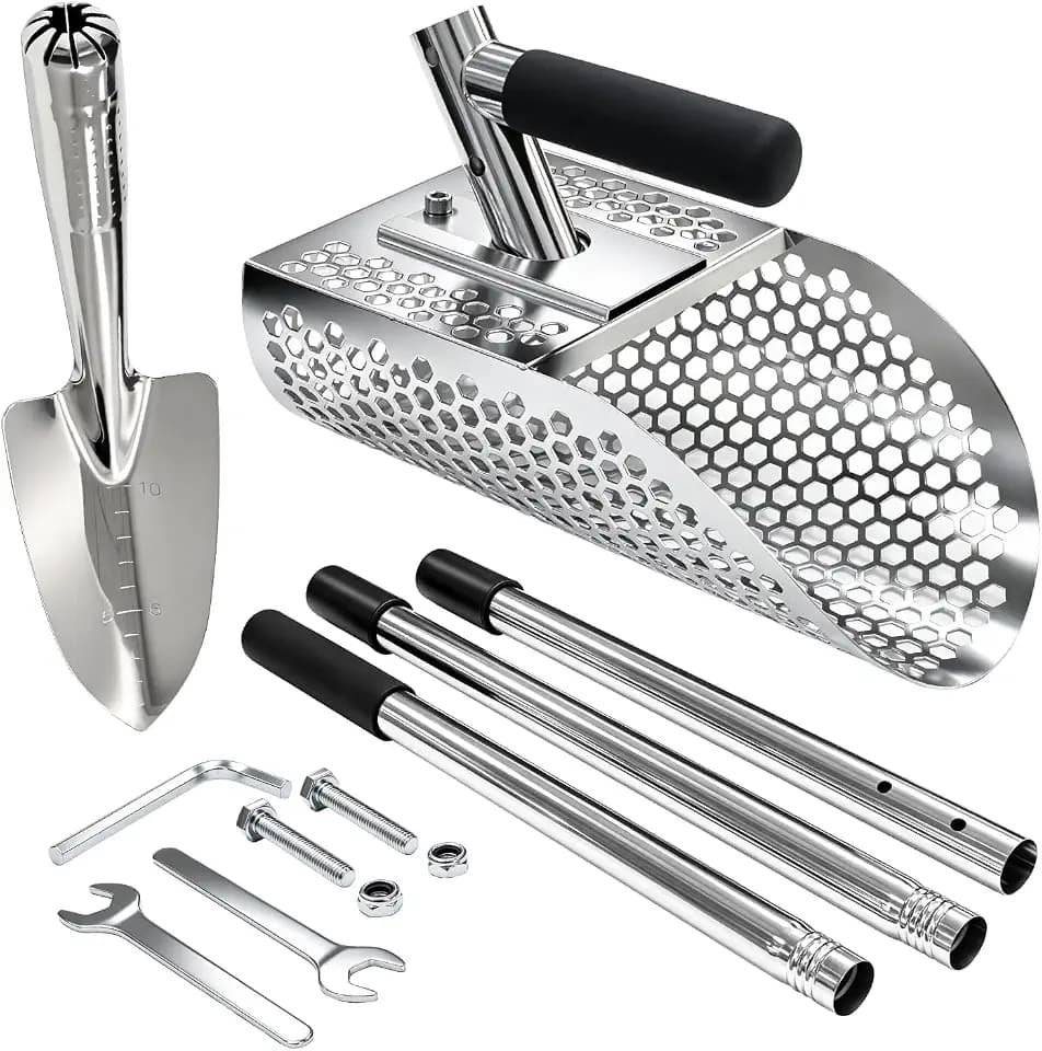 Stainless Steel Sand Scoop for Metal Detecting, Heavy Duty Sand Sifter with 47" Detachable Long Handle & Hand Shovel, Sifter Shovel Detector Tool for Beach Treasure Hunting & Underwater