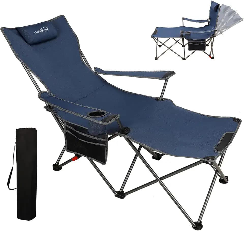 Colorsoul Reclining Camping Chair w/Foot Rest, Adjustable 90°- 135° Lounge Beach Chair for Adults, Heavy Duty Outdoor Folding Chairs w/Padded Pillow, Cup Holder, for Patio Beach, Supports 350lbs,Blue