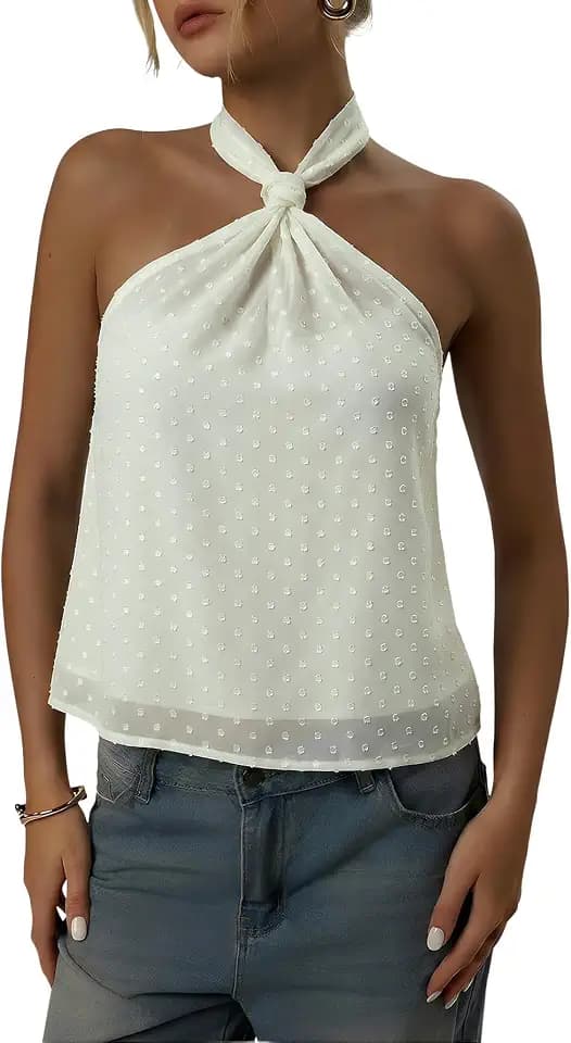 MakeMeChic Women's Going Out Tops Tie Back Halter Sheer Swiss Dots Tops