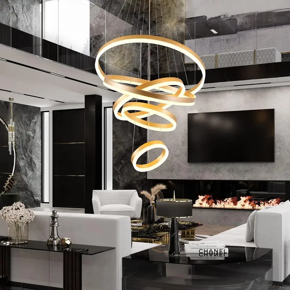 Modern Gold Chandelier 5 Rings Dimmable LED Pendant Light, Height Adjustable Ceiling Hanging Fixture for Dining Room Kitchen