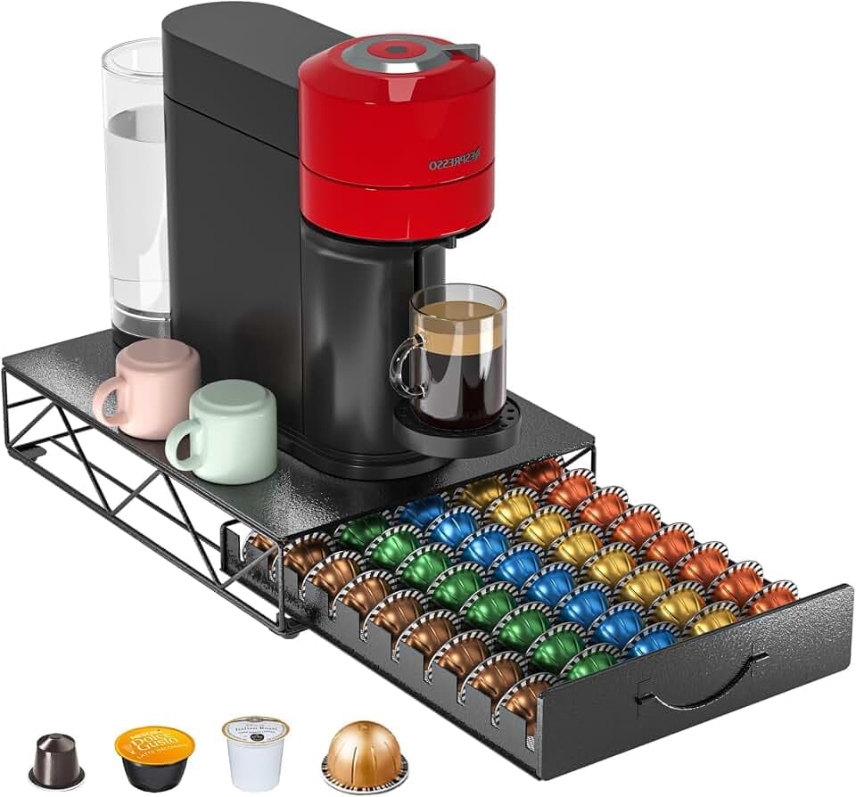Kaffeekapseln Aufbewahrung für 50 Nespresso Vertuo Kapseln & Dolce Gusto, Metall Geräuschloser Kaffeekapselspender für VertuoLine Kapseln mit Rutschfesten Füße