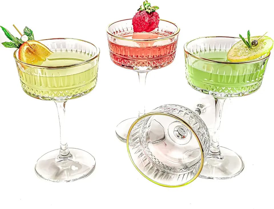 Vintage Coupé Gläser mit Goldrand, 4er Set, 260 ml/8,8 Unzen, Rotweingläser und Weißweingläser, Champagner, Cocktail, Martini, Weingläser, Gin und Prosecco Glas, Sektschalen