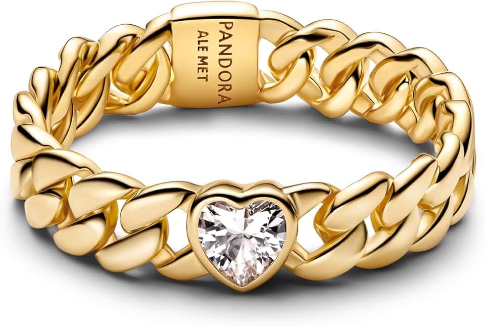 PANDORA Timeless Herz Cuban-Kette Ring mit 14K vergoldeter Metalllegierung und Zirkonia, Größe: 54, 164386C01-54