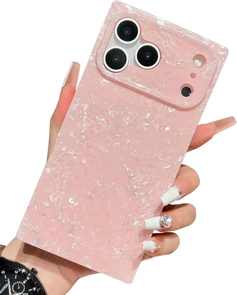 Elegent Pearl with Glitter Powder Compatible with iPhone Rectangle Edge Case, Slim Soft TPU Silicone Protective Bumper Cases Cover(Pink,16 Pro Max)