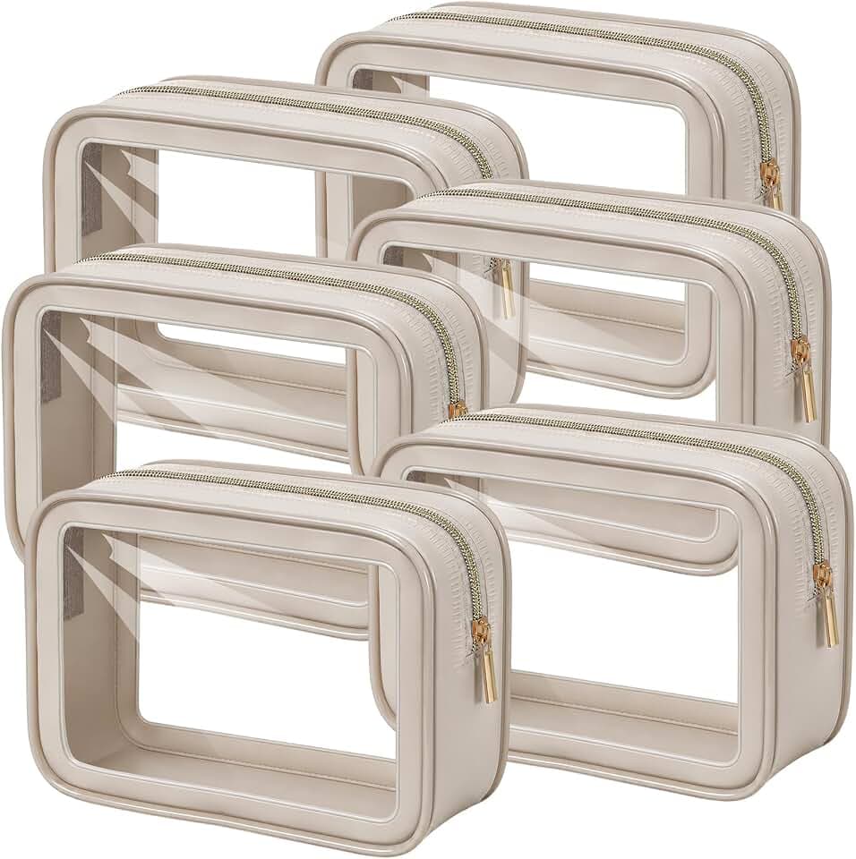 Hsei 6 Pcs Clear Makeup Bags Diaper Bag Organizer Travel Toiletry Bags with Zipper Clear Cosmetic Organizer Car Storage Pouch Bridesmaid Gift for Women Beach Vacation (Khaki)