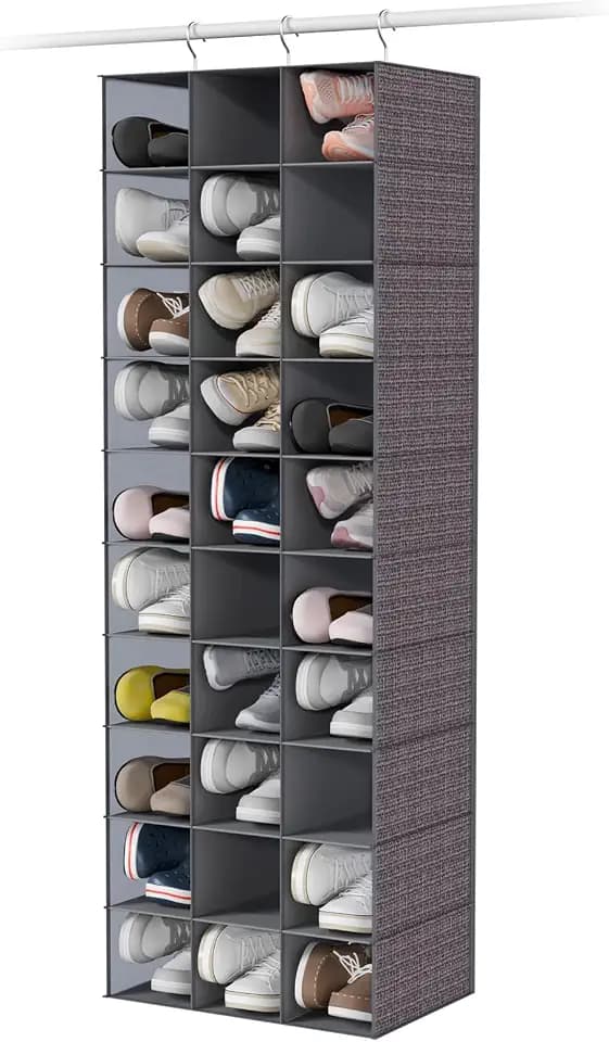 Whitmor 30 Sections Hanging Clothes Closet Shoe Organizer, Space Saving Breathable Fabric Shoe Storage for Bedroom, Laundry, Dorm, Crosshatch Gray