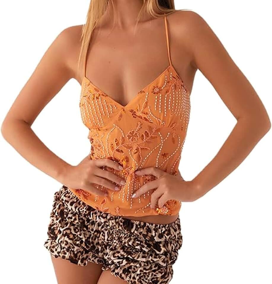 Nicoxijia Damen-Tanktop mit Pailletten, funkelnd, Neckholder, sexy, ärmellos, tiefer V-Ausschnitt, rückenfrei, glitzernd, Tanktop, Y2k Bling Rave-Outfits