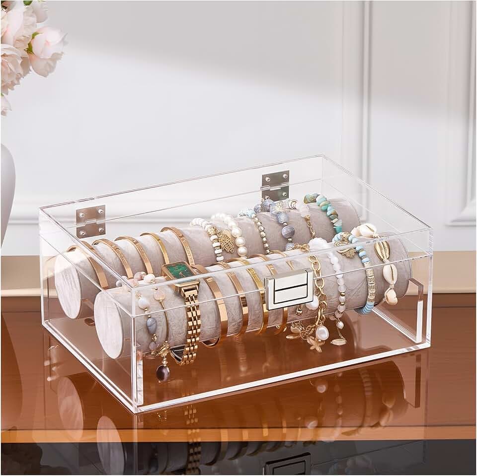 Lolalet Armband-Organizer, Acrylic Display Schmuck Box Aufbewahrungsbox mit Rollen für Armreifen Uhren, Klare Deckel Halter für Frauen Mädchen