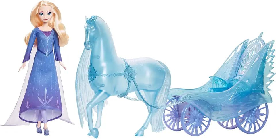 Mattel Disney Die Eiskönigin Elsa Modepuppe mit abnehmbarem Kleid und Schuhen, mystischem Nokk in Pferdeform und Abenteuer-Kutsche, inspiriert von Die Eiskönigin: Winterfest“, JBG56