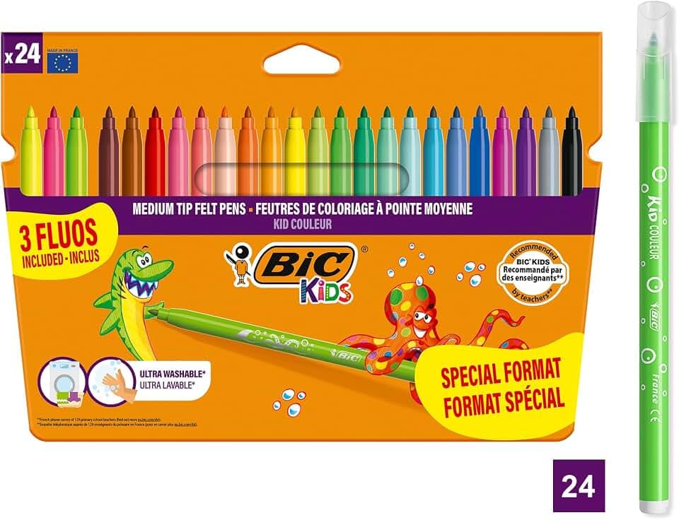BIC Kids Filzstifte Set Kid Couleur, Fasermaler zum Malen in 24 auswaschbaren Farben, inkl. Neonfarben, im Karton Etui, ab 5 Jahre