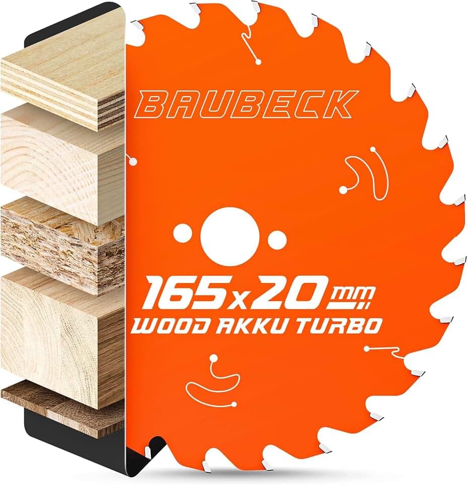 BAUBECK Sägeblatt 165x20 +16mm Adapter, 24Z, 1.5mm Schnitt in Holz, Akku 18v kompatibel mit M. SP6000/J, DHS680, Bosch GKT 55 / GCE S/GKS 18 V, Kreissägeblatt 165x20, Sägeblatt 165x16