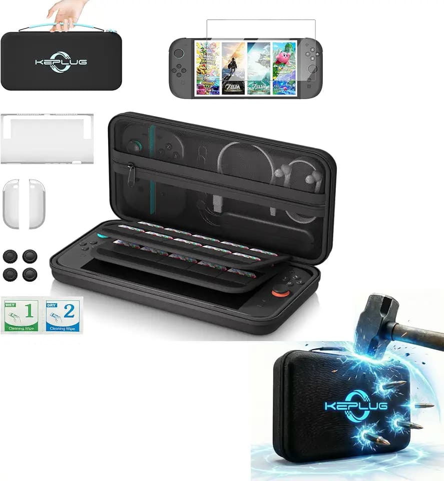 KEPLUG Switch Carrying Case for Nintendo Switch & OLED,Protective Hard Shell Travel Case with Game Card Holder, Accessories Storage & Tempered Glass Screen Protector, Gift for Kids & Family