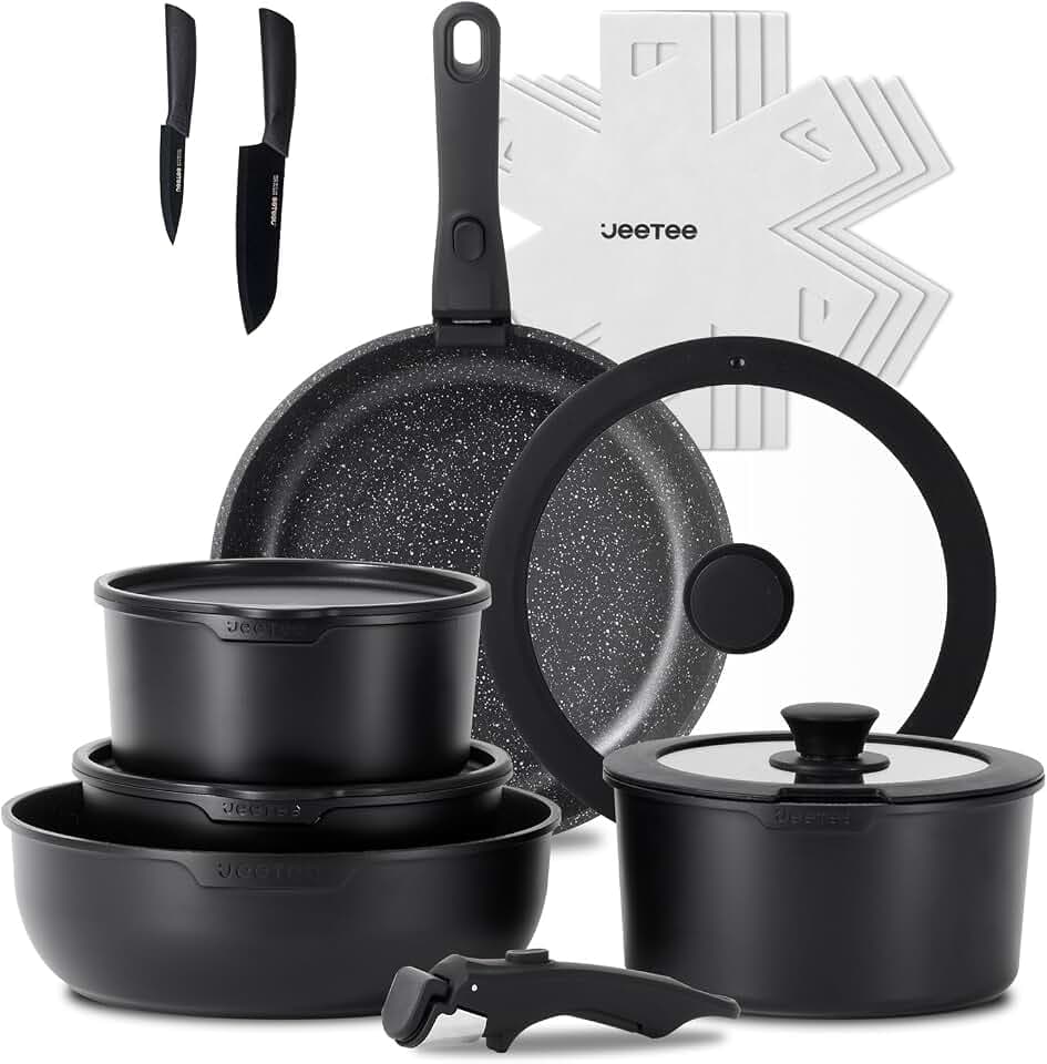 JEETEE Topf und Pfannensets mit abnehmbarem Griff 17-Teilig, Antihaft Pfanneset, Topfset Induktion, Kochtopf Set mit Deckel und Messer, Alle Herde kompatibel, PFOS/PFOA frei, Schwarz